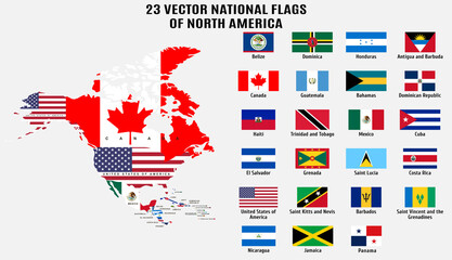 23 Vector national flags and map of North America