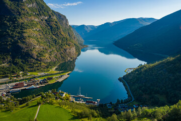 Wall Mural - Aurlandsfjord Town Of Flam at dawn.