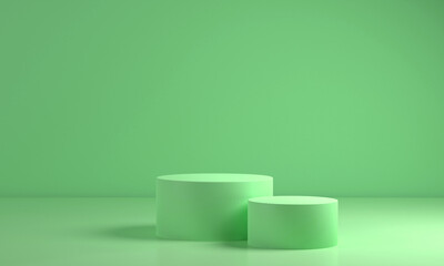 Blank podium for product . Mock up winner podium two cylinders block, 3d render illustration, pedestal isolated on green background, abstract minimal concept