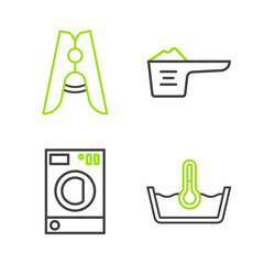 Sticker - Set line Temperature wash, Washer, Washing powder and Clothes pin icon. Vector