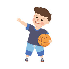 Poster - Little Boy Engaged in Physical Education Playing Basketball During Class at School Vector Illustration