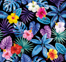 Tropical Seamless Pattern With Exotic Flowers And Leaves. Floral Design On A Black Background. Vector Illustration.