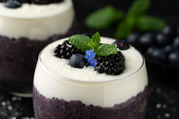 Wall Mural - Healthy vanilla blueberry chia pudding in a glass with fresh berries
