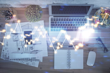 Aufkleber - Multi exposure of financial chart drawing over table background with computer. Concept of research. Top view.