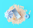 Beach umbrella and chairs, inflatable ring on beach sand with blue background summer vacation concept. 3d rendering