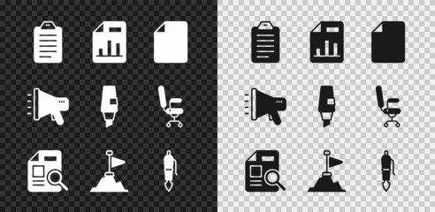 Poster - Set To do list or planning, Document with graph chart, File document, Mountains flag on top, Fountain pen nib, Megaphone and Marker icon. Vector