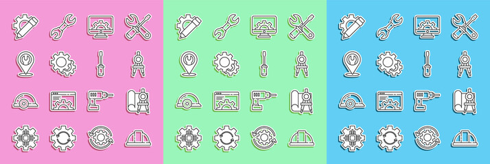 Poster - Set line Worker safety helmet, Graphing paper and compass, Drawing, Computer monitor gear, Gear, Location with wrench spanner, Pencil and Screwdriver icon. Vector