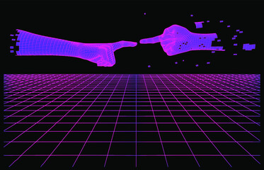 Wall Mural - Synthwave the 80's like style 3D vector illustration with laser perspective grid and two low-poly hands going to touch together.