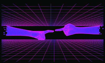 Fototapete - Synthwave the 80's like style 3D vector illustration with laser perspective grid and two low-poly hands going to touch together.