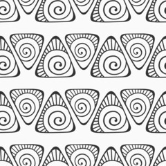 Wall Mural - Abstract vector hand drawn triangles seamless pattern. Triangles with spiral curls, stripes. Repeating doodle ornament. Black and white background.  For wrapping, paper cover, textile, fabric, cloth.