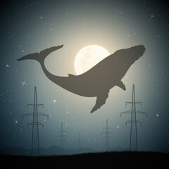 Sticker - Flying whale in moonlight. Fantastic animal. Surreal night landscape