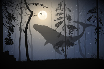 Sticker - Flying whale in forest. Mystical animal fly. Surreal night landscape