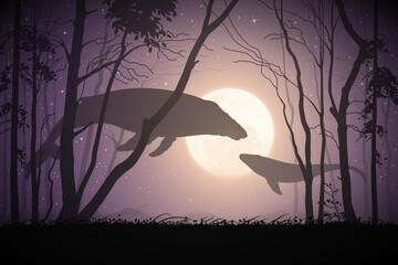 Sticker - Flying whale. Fantasy animal in night forest. Landscape with full moon