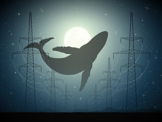 Sticker - Flying whale at night. Surreal huge animal. Landscape with full moon
