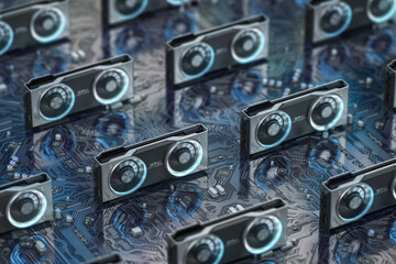 Poster - Graphics cards GPU standing in a row in bitcoin mining farm or 3d render farm. IT hardware.