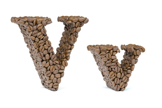 Letter V from coffee bean isoilated on white. Coffee alphabet font.