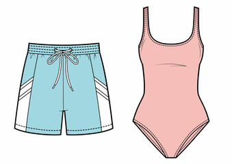 Canvas Print - Women's pink swimsuit and men's blue swimming trunks shorts for swimming.