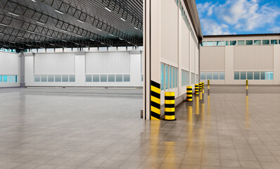 Poster - Empty logistics center. Logistics center building without anyone. Spacious hangar with blue sky. Visualization of logistics center. Buildings with concrete floors. Warehouse construction. 3d image.
