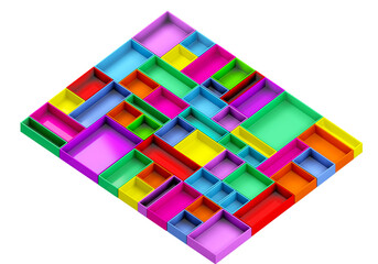 Poster - Colored containers of different sizes. Colorful element isolated on white background. Small multi-colored containers are located nearby. Three-dimensional plastic elements. Rainbow scenery. 3d image.