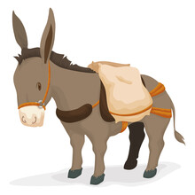 Worker Donkey With Saddle And Cargo On Its Back, Vector Illustration