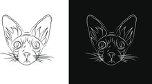 Sphynx Cat Head Line Art Style Vector Illustration. Ink Sketch Isolated Black On White Background And White On Black Background. 