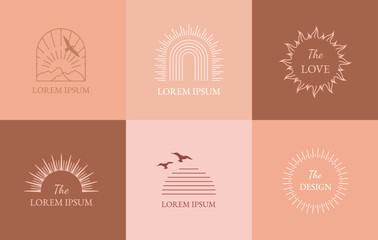 Sticker - Bohemian linear logos, icons, symbols, sun design templates, terracotta geometric abstract design elements for decoration.