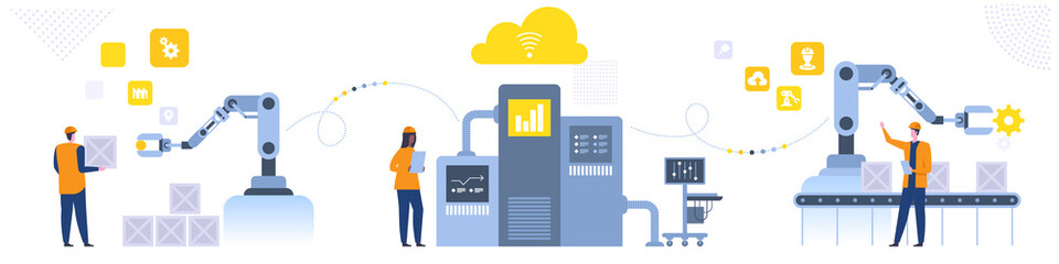 Poster - Assembly line with robotic arms and workers Male and female factory workers engineers Automated production process User connecting with a tablet and sharing data with a cyber-physical system Vector