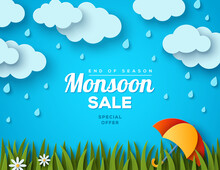 Monsoon Sale Offer Banner Template, Paper Cut Clouds, Green Lawn, Colorful Umbrella On Blue Background. Vector Illustration. Place For Text. Overcast Sky, Rainy Day. Vector Illustration.