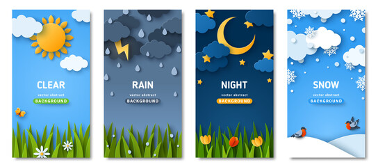 Wall Mural - vertical posters set with fluffy clouds and grass lawn. weather forecast app widgets. thunderstorm, 