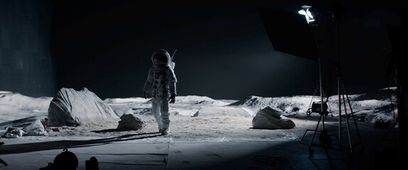 Wall Mural - behind the scenes, actor in astronaut suit walking on the surface of a moon landing movie set. virtu