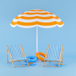 Summer blue background. Beach chair, inflatable ring, sun umbrella, flip flop. 3d illustration.