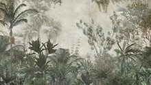 Tropical Trees And Leaves Wallpaper Design In Foggy Forest - 3D Illustration

