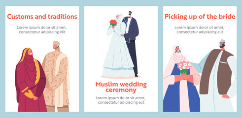 Wall Mural - Muslim Couples Wedding Ceremony Banners, Traditional Groom and Bride Characters Wear Festive Clothes, Islamic Newlywed