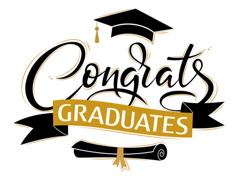 Congrats Graduates. Greeting lettering sign with academic cap and diploma. Congratulating vector banner for graduation party, congratulation ceremony,  card. University, school, academy grads symbol