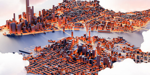 Leinwandbilder - Scattered clouds on the mega city; urban and futuristic technology concepts, original 3d rendering