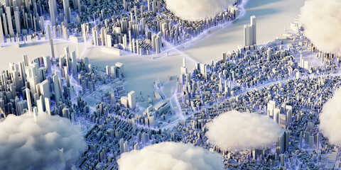 Leinwandbilder - Scattered clouds on the mega city; urban and futuristic technology concepts, original 3d rendering