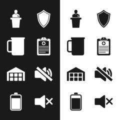 Sticker - Set Clinical record, Coffee cup, Speaker, Shield, Warehouse and mute icon. Vector