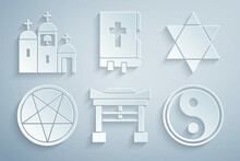 Set Japan Gate, Star Of David, Pentagram In Circle, Yin Yang, Holy Bible Book And Church Building Icon. Vector