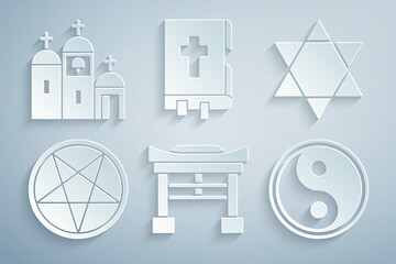 Poster - Set Japan Gate, Star of David, Pentagram in circle, Yin Yang, Holy bible book and Church building icon. Vector