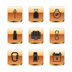 Sticker - Set Burning match with fire, Carabiner, Thermos container, Location of the forest monitor, Canteen water bottle, Compass, Calendar tree and Camping gas stove icon. Vector