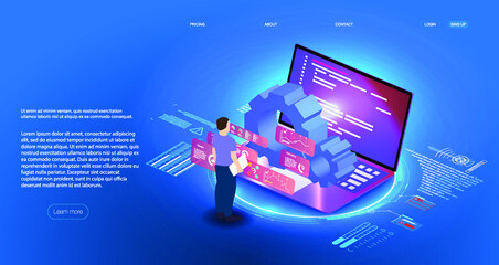 Poster - concept in isometric design Developing of internet app online website service Landing page layout or banner template A digital service or application that transfers data to a server or hosting service