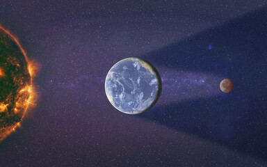 Wall Mural - moon eclipse. red moon. sunlight shadow between earth and moon. 3d rendered illustration.