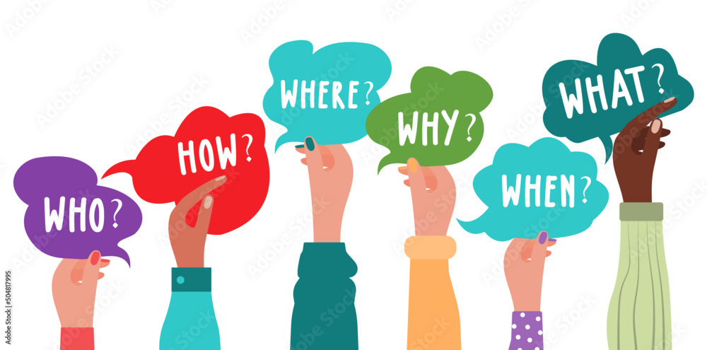 Arms up of Diverse people holding speech bubble with question -Who What ...