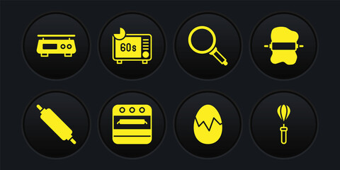 Sticker - Set Rolling pin, on dough, Oven, Broken egg, Frying pan, Microwave oven, Kitchen whisk and Electronic scales icon. Vector