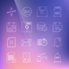 Poster - Set line Tombstone with RIP written, Bell, Calendar, Floppy disk, in the 5.25-inch, Kayak and paddle and Setting database server icon. Vector