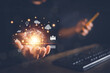 © krungchingpixs - Man hand holding virtual Global Internet connection metaverse, Business internet connection and digital marketing application technology , Financial and banking, Digital link tech, big data.