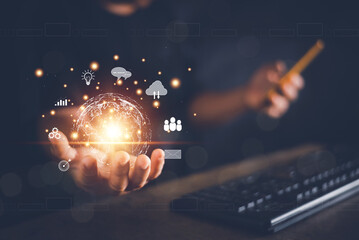 Man hand holding virtual Global Internet connection metaverse, Business internet connection and digital marketing application technology , Financial and banking, Digital link tech, big data.