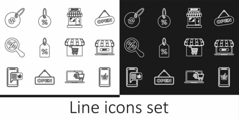 Sticker - Set line Mobile and shopping basket, Online, Market store, Discount percent tag, Magnifying glass with, Price dollar, cart and icon. Vector