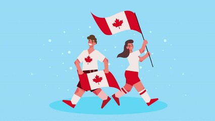 Canvas Print - canadian kids with flags celebration animation