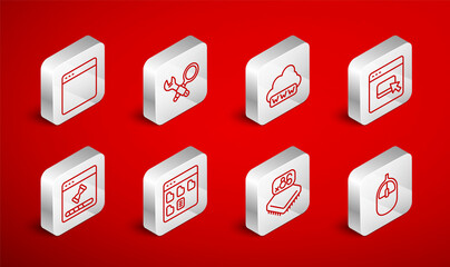 Set line Computer mouse, Debugging, Web development, Browser files, Processor with microcircuits CPU, window, and Loading data icon. Vector